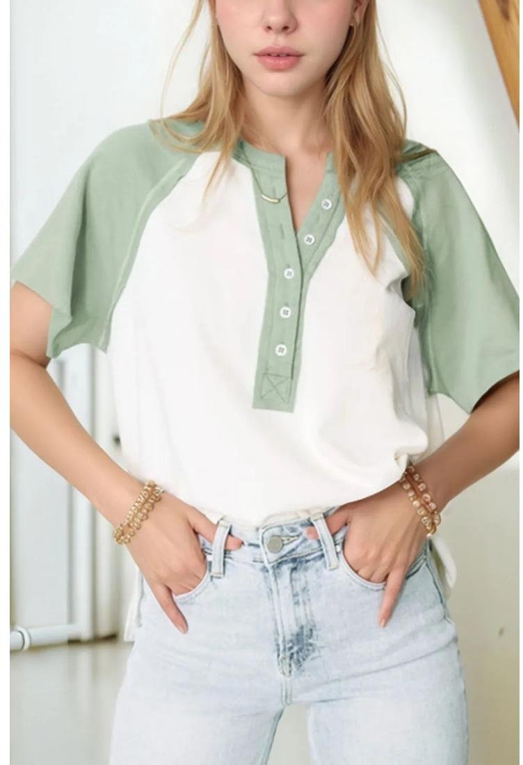 Thumbnail - Damen Farbblock Raglan Kurzarm Halbknopf Hoch-Tief T-Shirt