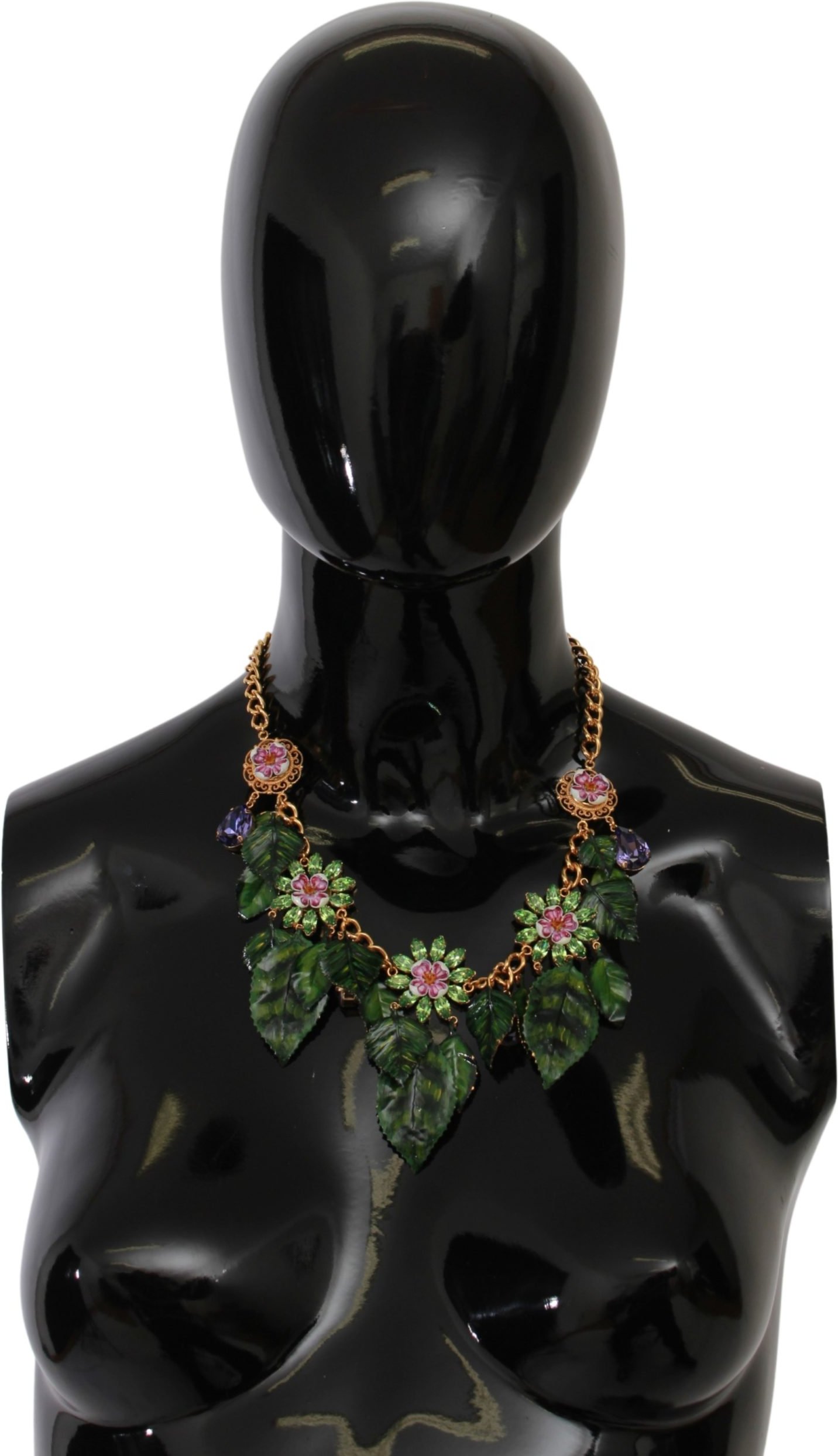 Dolce & Gabbana Green Feuilles en laiton doré Collier de fleur de cristal en laiton