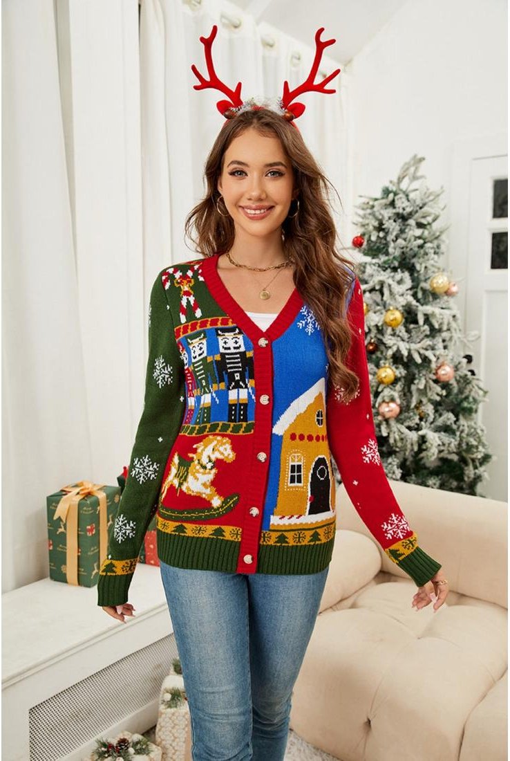 Thumbnail - Damen Nussknacker Kontrast V-Ausschnitt Langarmcardigan