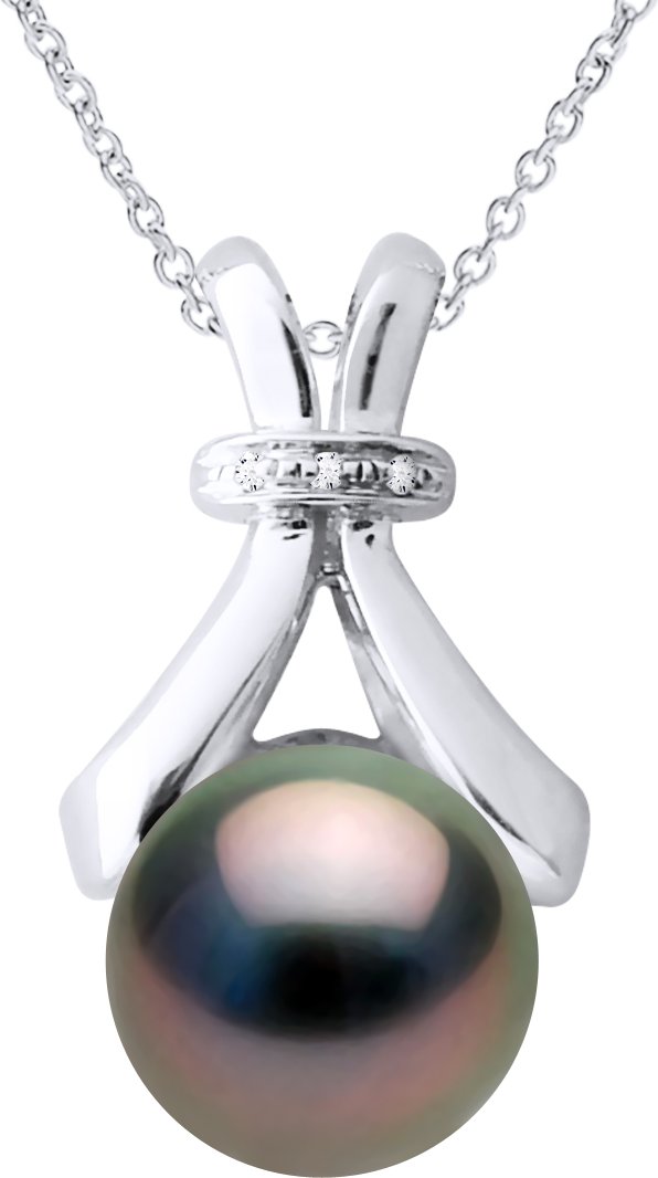 Halskette Schmuck Diamant 0,01 Karat Weißgold und echte Tahiti-Zuchtperle rund 7-8 mm