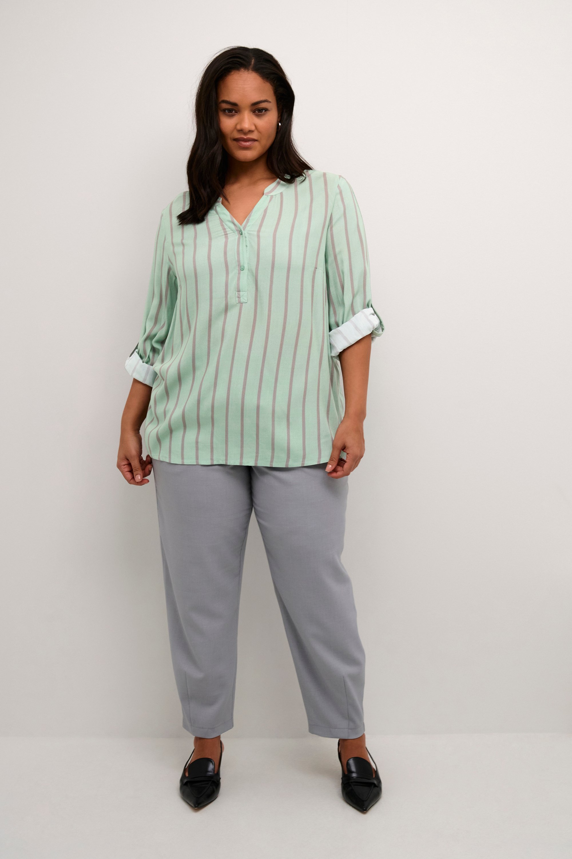 Langarm-Bluse Regular fit Grey / Granite Green Stripe green grey