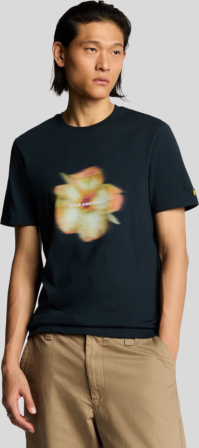 Lyle & Scott Motion T-Shirt mit Blumengrafik – Dunkelmarineblau