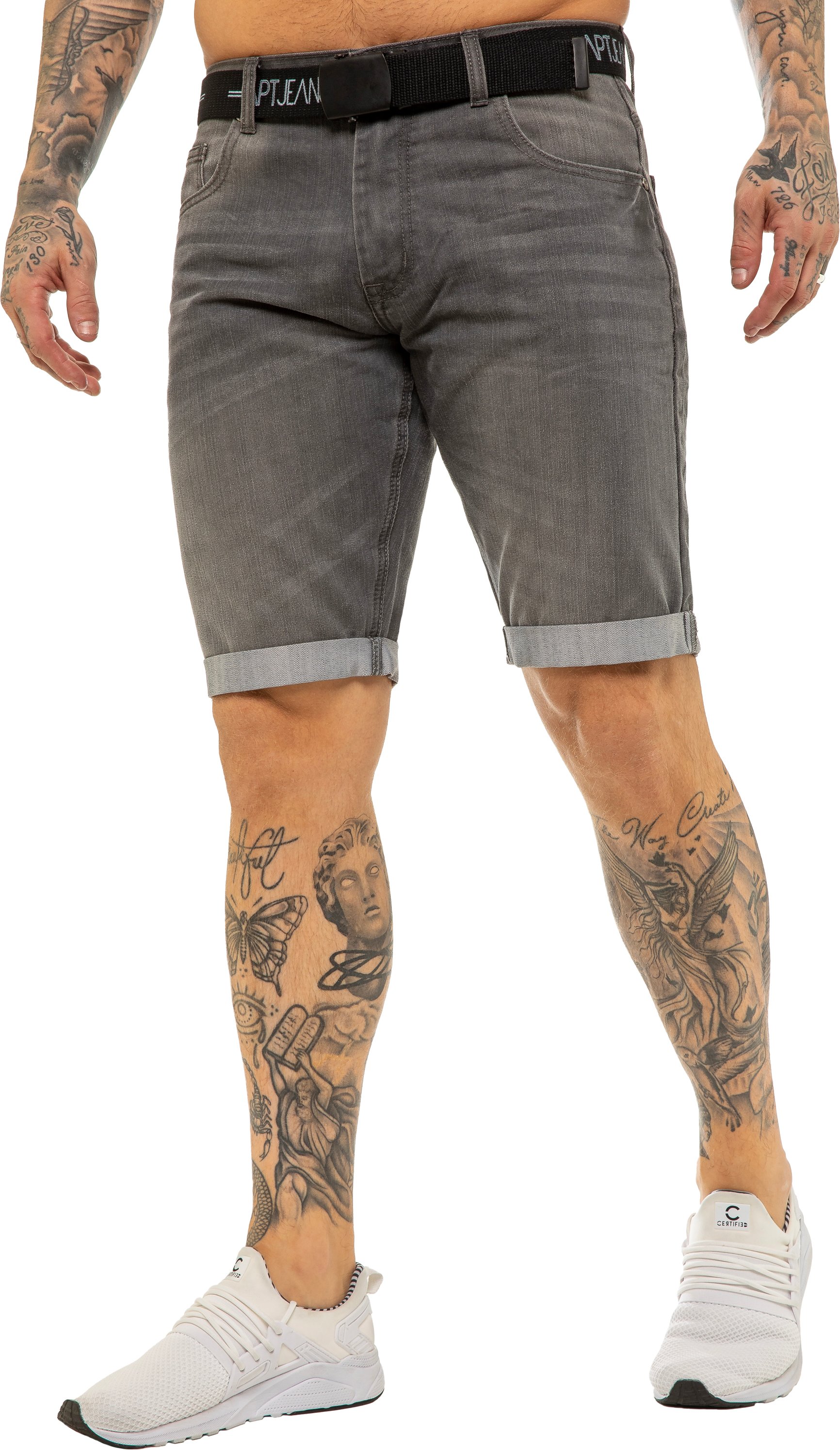 Thumbnail - Kruze By Enzo | Mens Belted Denim Shorts - Grau