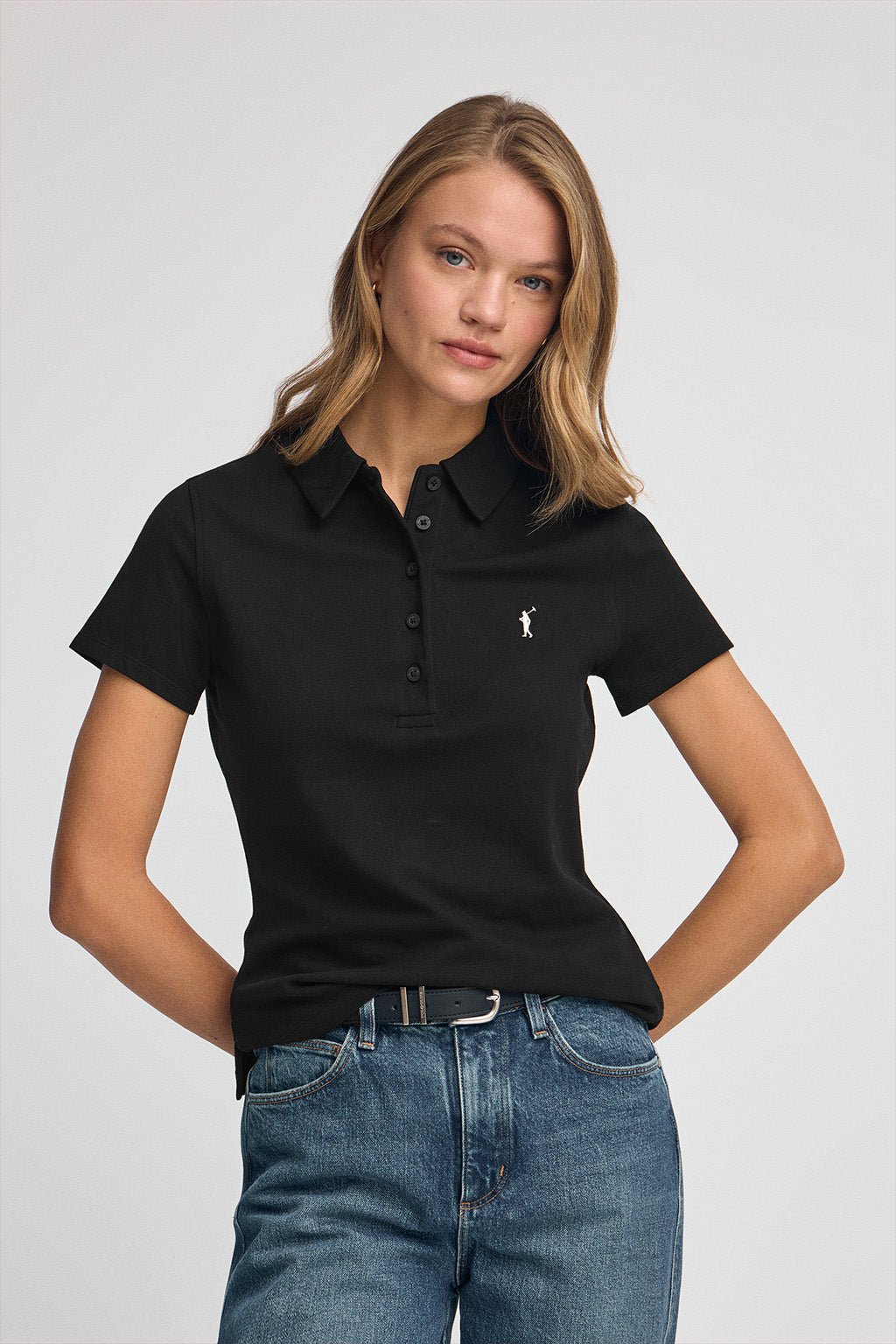 Poloshirt schwarz aus Pikee mit fünf Knöpfen am Kragen und gesticktem Rigby Go-Logo