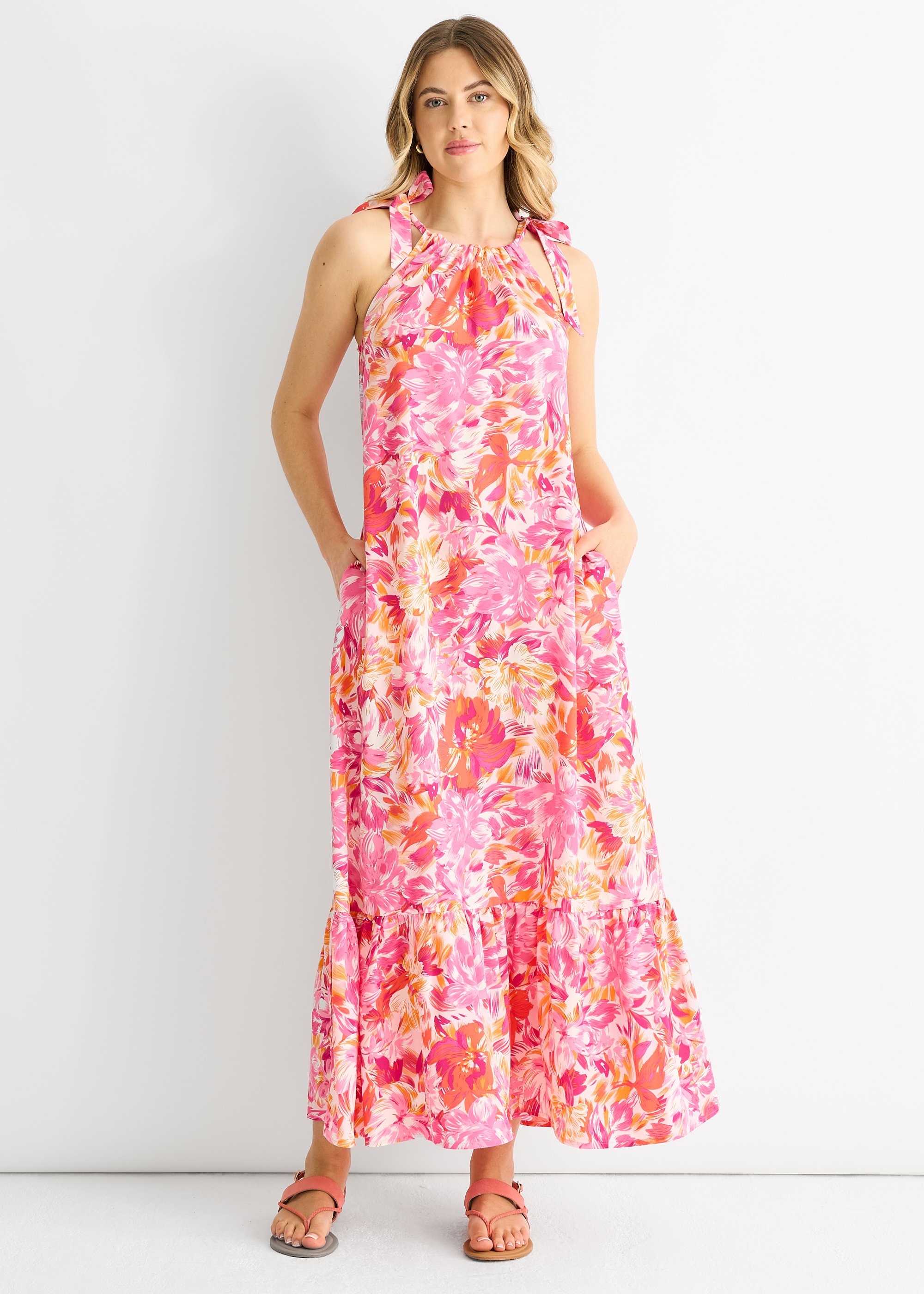 Rotes geblümtes Trapezkleid mit Bindebändern