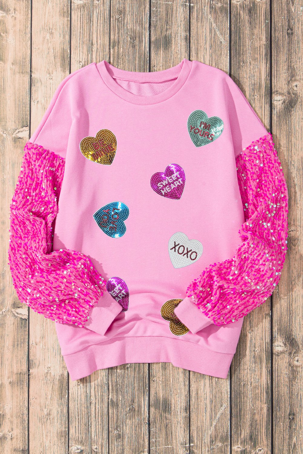 Rosa Valentine Glänzendes Slogan Herz Pailletten Ärmel Patchwork Pullover Top