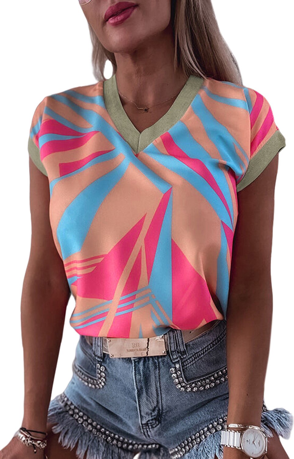 Geometrisches Druck Hort Leeve V-Ausschnitt T-Shirt