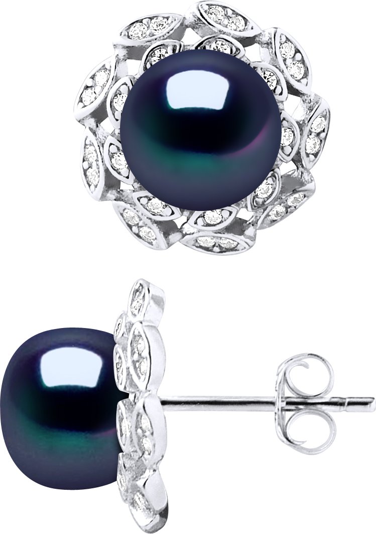 Ohrstecker FLOWER Perlen Süßwasser 8-9mm Schwarz Buttons Schmuck 925