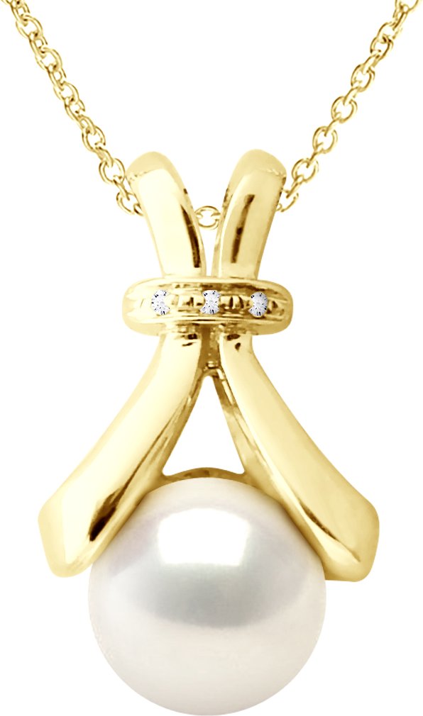 Halskette Schmuck Diamant 0,01 Karat Gelbgold und echte Süßwasser-Zuchtperle Knopf 6-7 mm