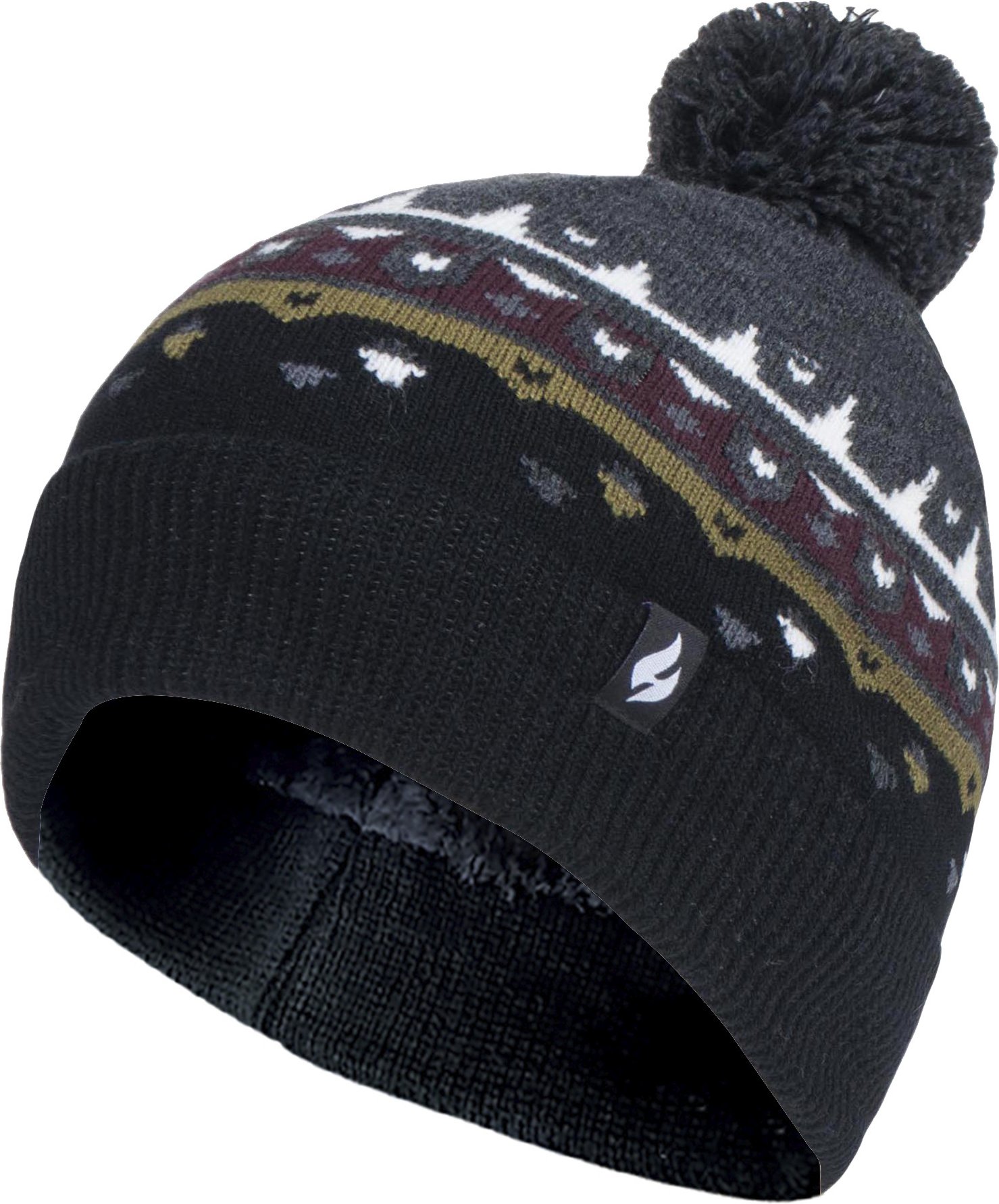 Heat Holders - Mens Thin Knit Fleece gefüttert Pom Pom Hut | Gemustert | Für Winter - Schwarz