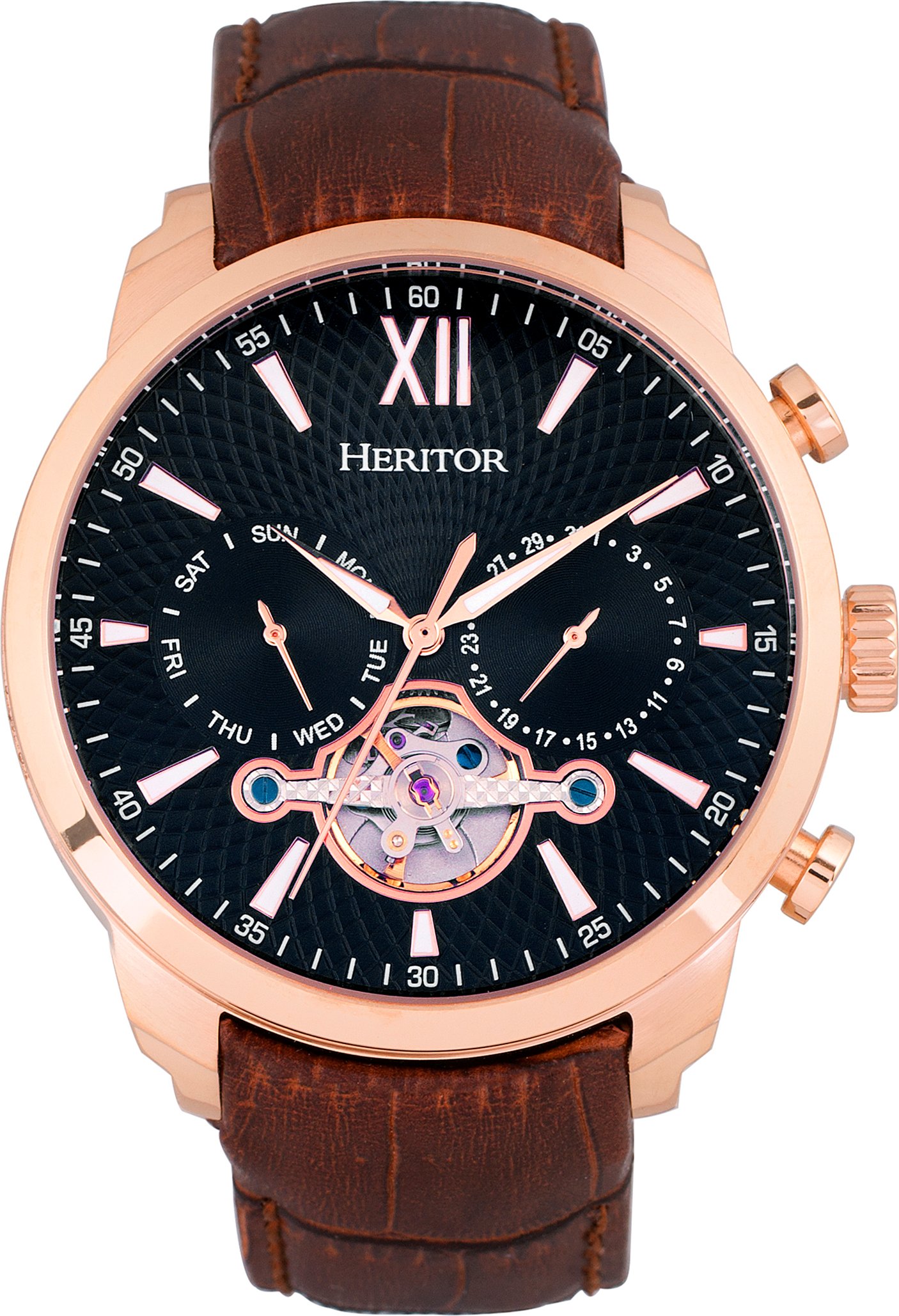 Heritor Automatik Arthur Semi-Skelett Lederarmbanduhr mit Tag/Datum