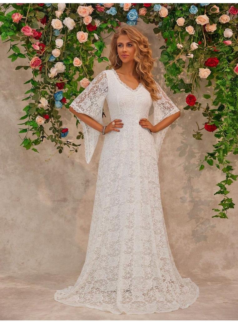 Thumbnail - Damen Spitzen V-Ausschnitt Bodenlanges Kleid