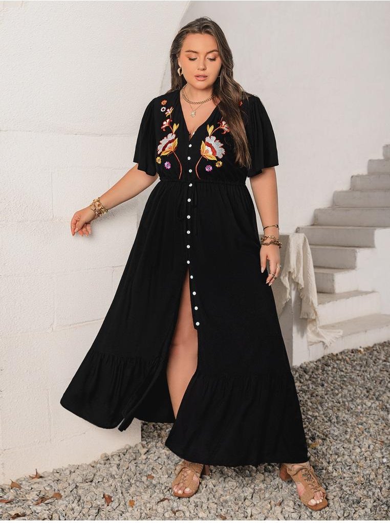 Thumbnail - Damen Plus-Size Besticktes V-Ausschnitt Maxi-Kleid mit Flatterärmeln