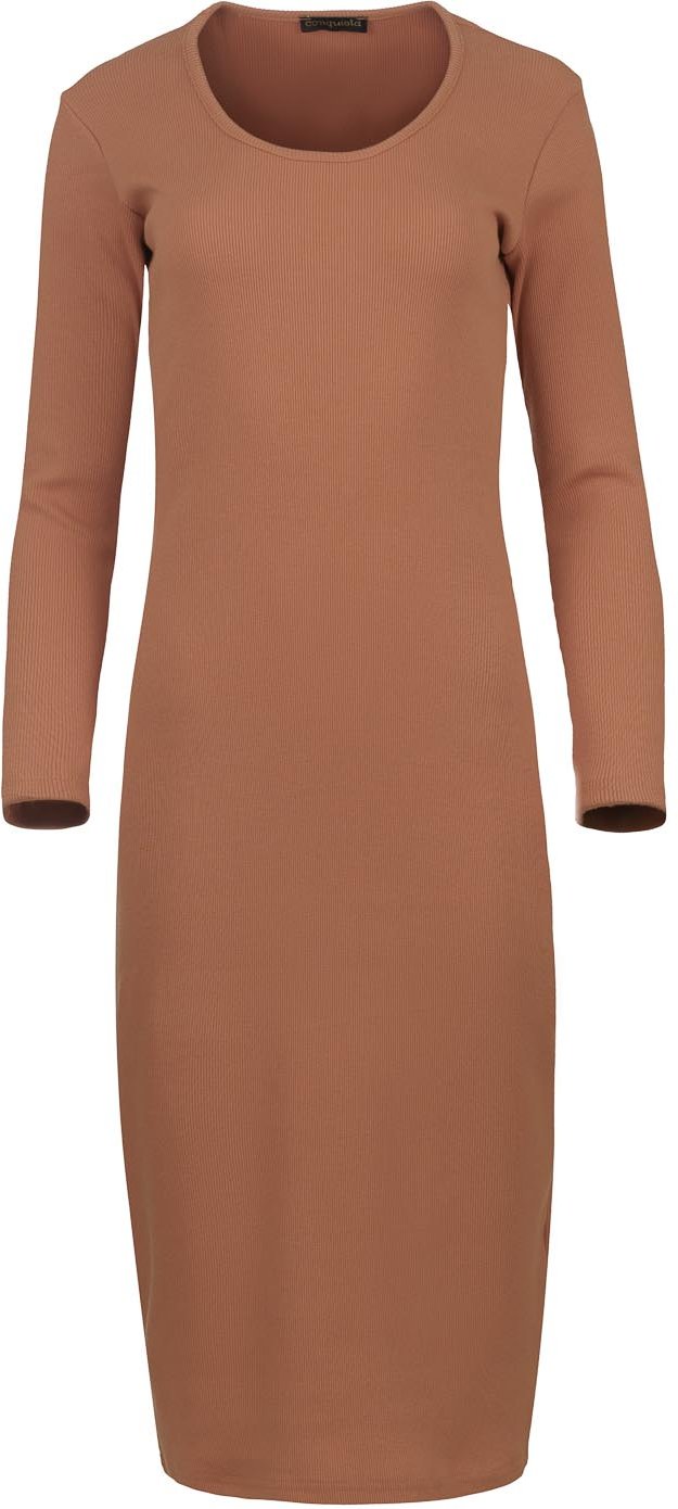 Langärmliges Midikleid mit Rundhalsausschnitt aus gerippter Baumwoll-Elastan-Mischung in Schokoladenbraun