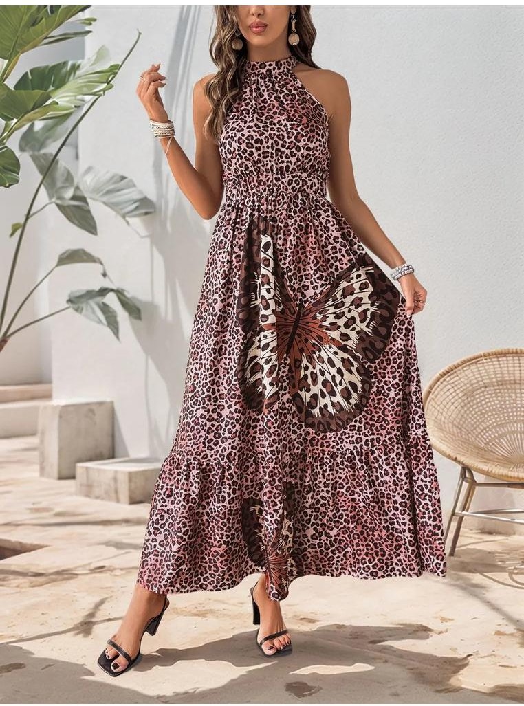 Damen Schmetterlings-Leoparden-Griechischer Hals Maxi-Kleid