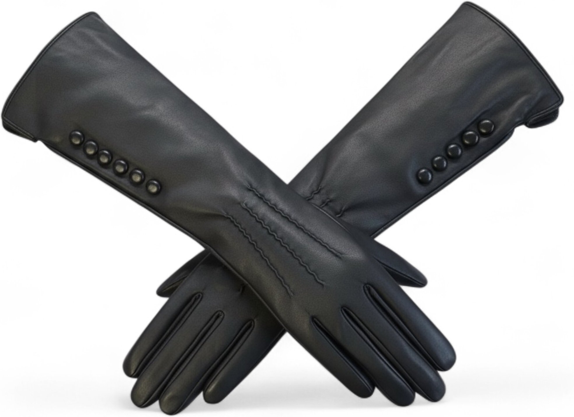 Lange schwarze italienische Leder-Fahrhandschuhe für Damen mit weichem Wollfutter, Winterknopfverschluss und langer Knop...