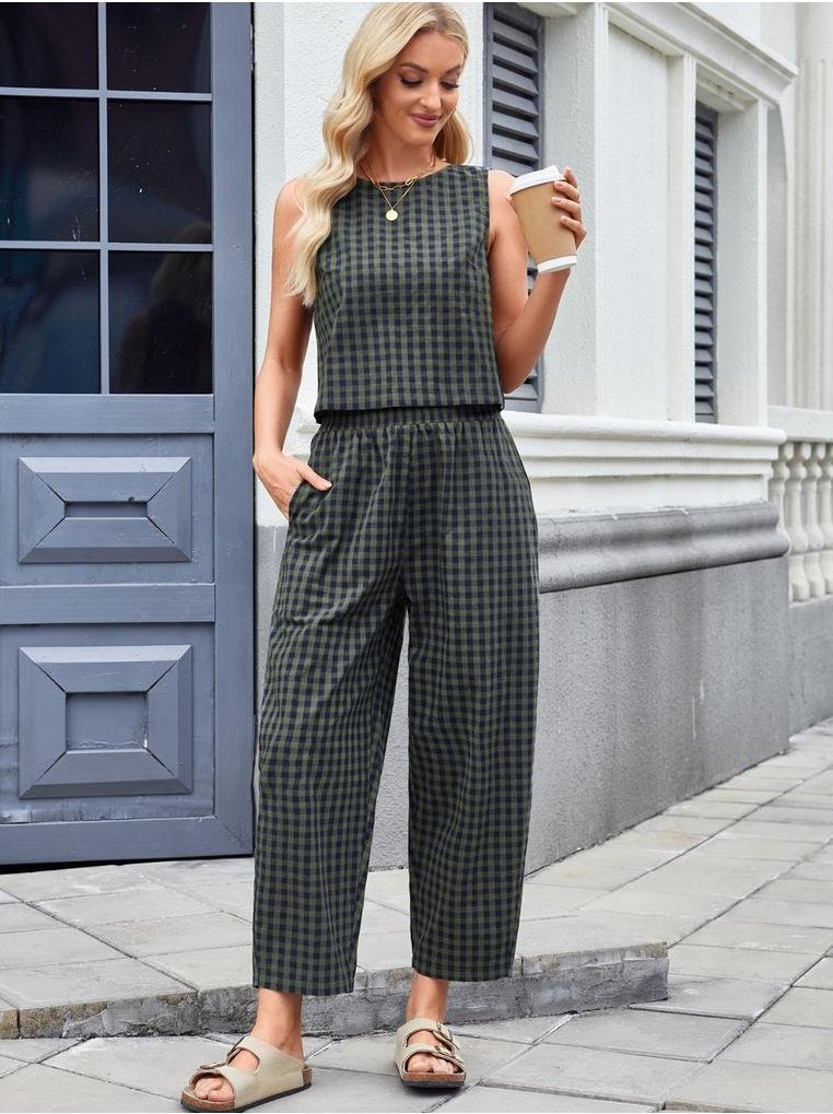 Thumbnail - Kariertes armelloses Oberteil und Hose Zweiteiliges Set mit Taschen