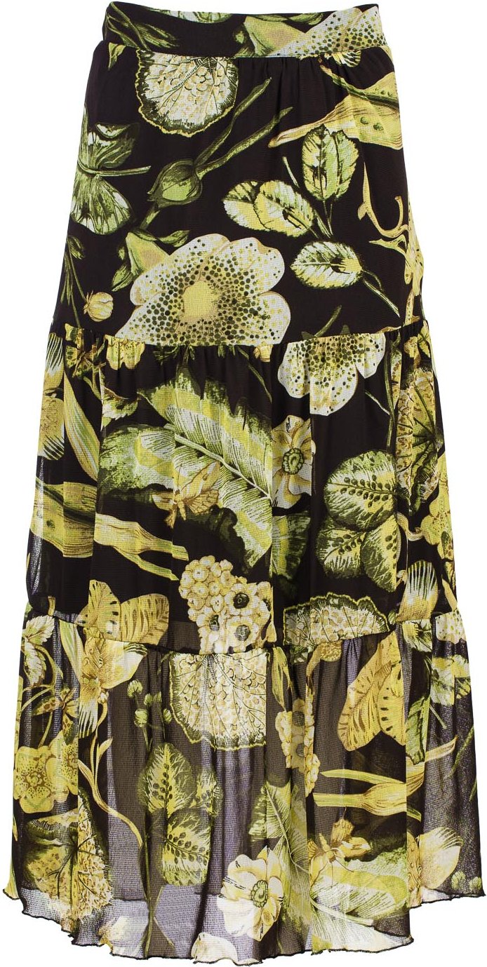 Blumenmuster-Rock aus transparentem Stoff – Stufenoptik, semi-maxi Länge, elastischer Bund