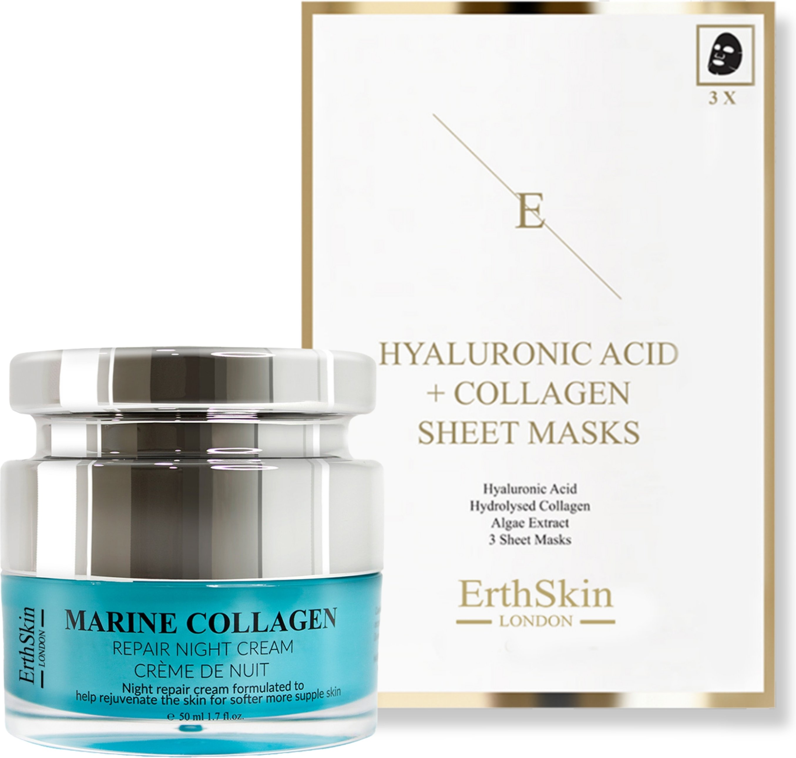 Maritime Kollagen Nachtcreme 50ml + Hyaluronsäure & Kollagen Maske - 3 Blatt