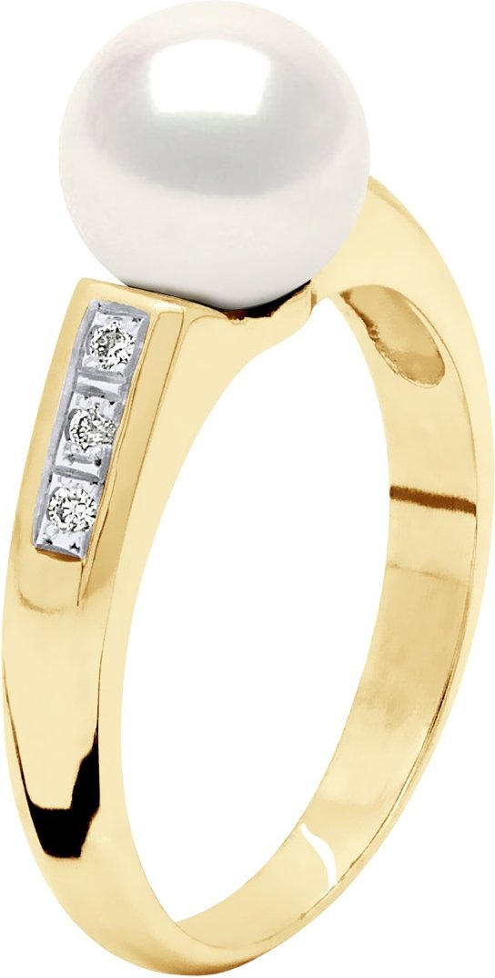 Ringschmuck Diamant 0,06 cts – Gelbgold – echte Süßwasser-Zuchtperle, rund 8–9 mm