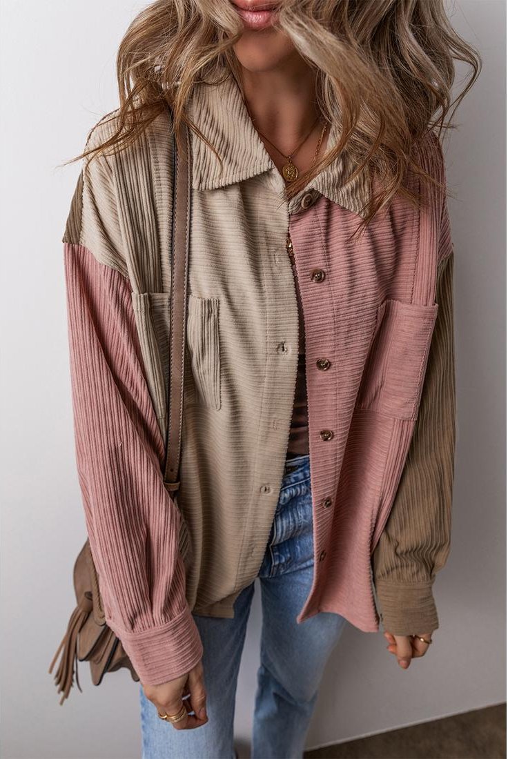 Thumbnail - Mineralrote Farbblock-Brusttaschen-Button-Cordjacke