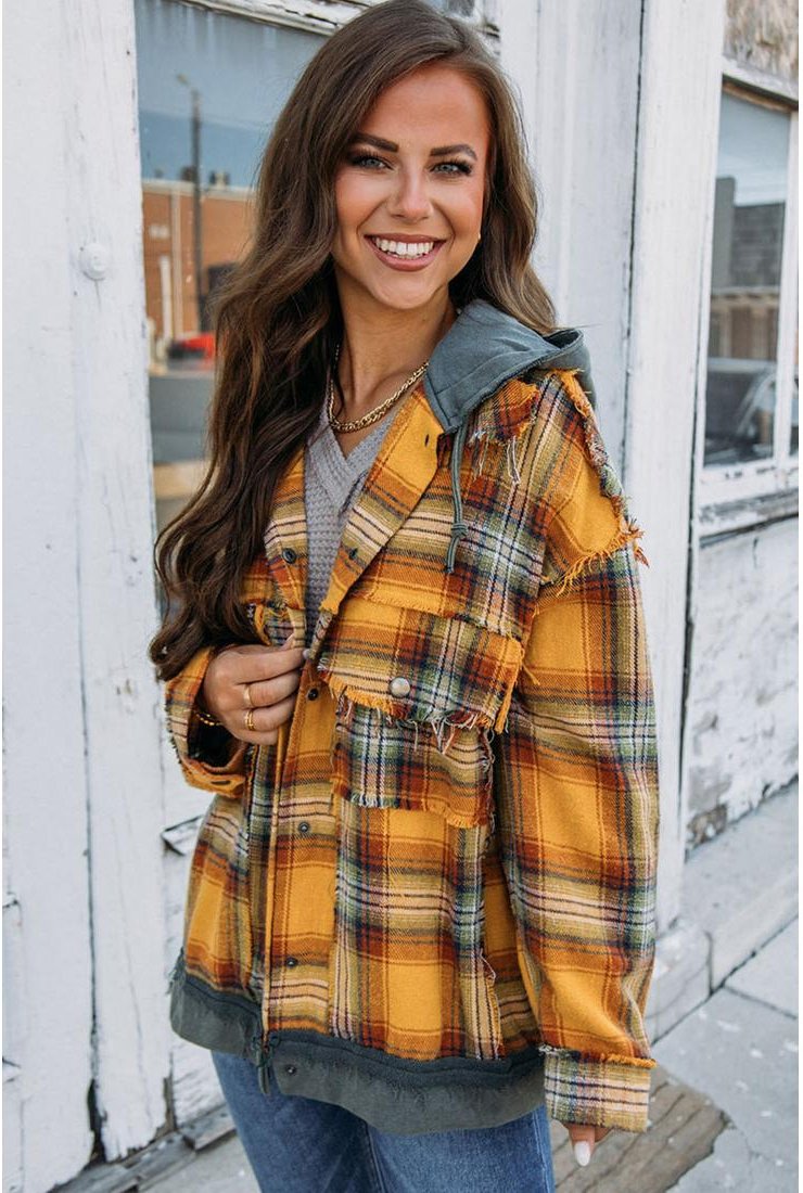 Thumbnail - Azura Exchange Damen Karo-Patch Kapuzenjacke mit verwaschenen Druckknöpfen in Orange