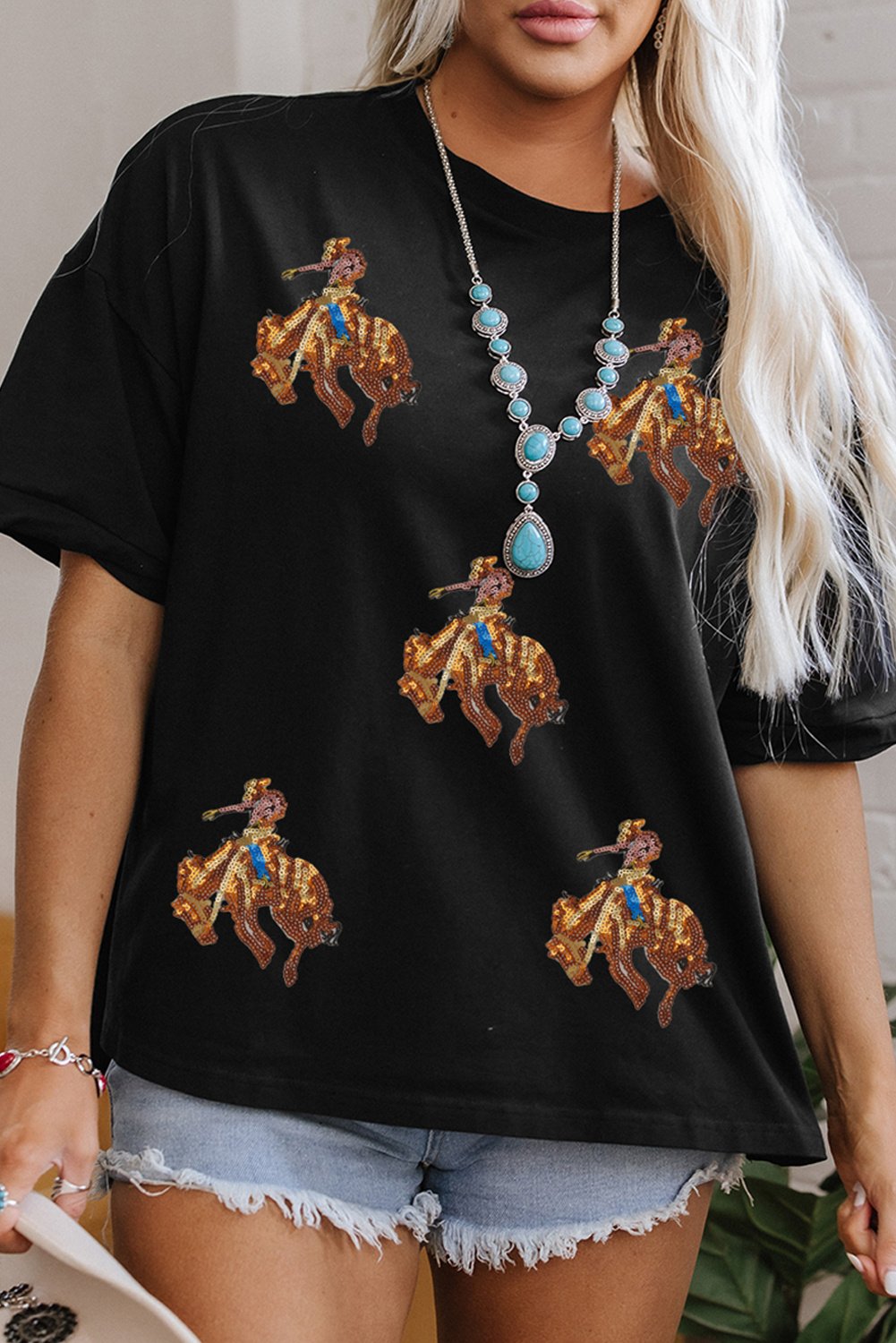 Pailletten Rodeo Druck T-Shirt