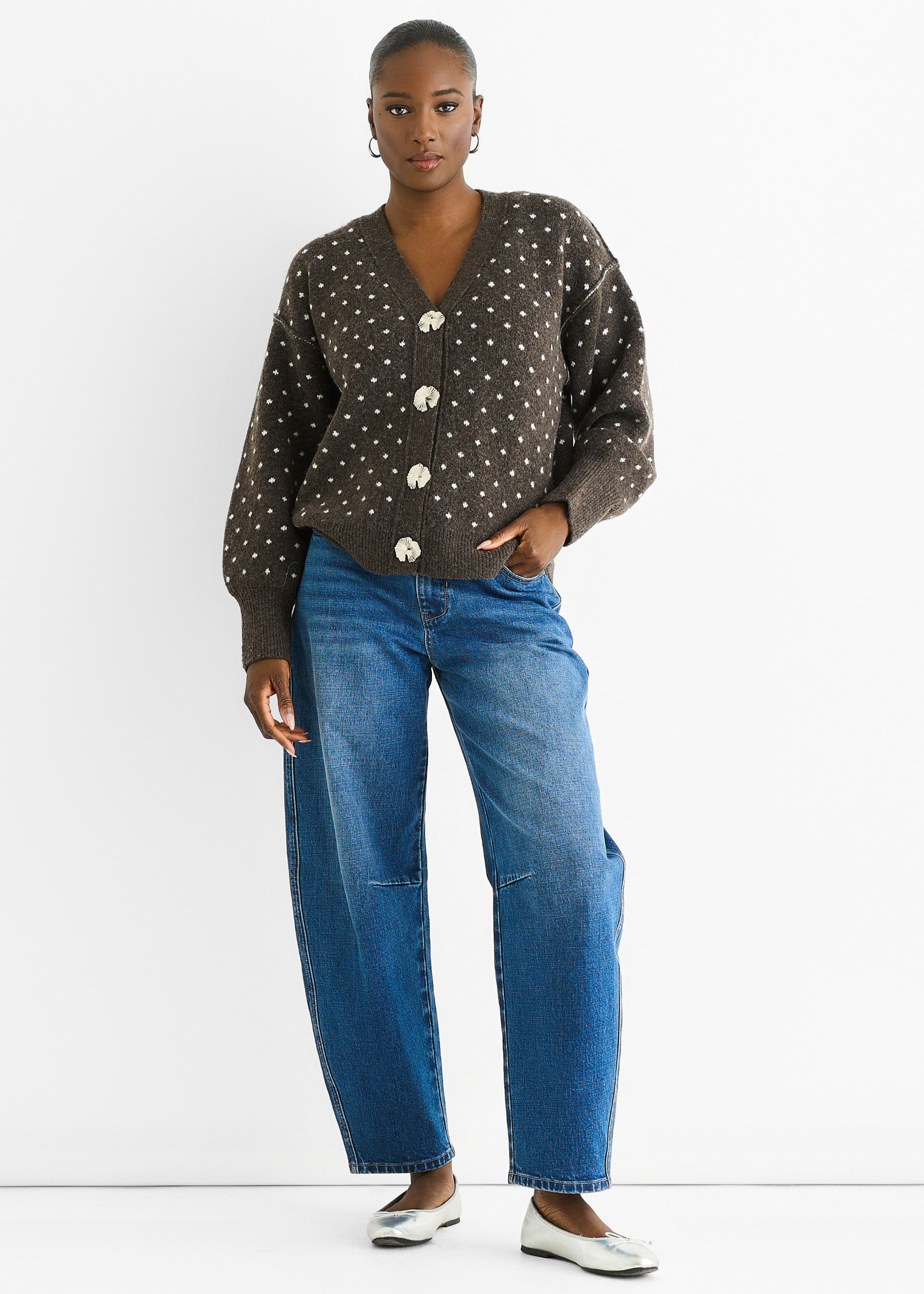Thumbnail - Schokoladenpunktmuster Knopf-Cardigan Look Pullover