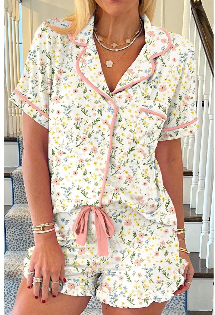 Damen Bedrucktes Kurzarm-Blusen- und Shorts-Lounge-Set