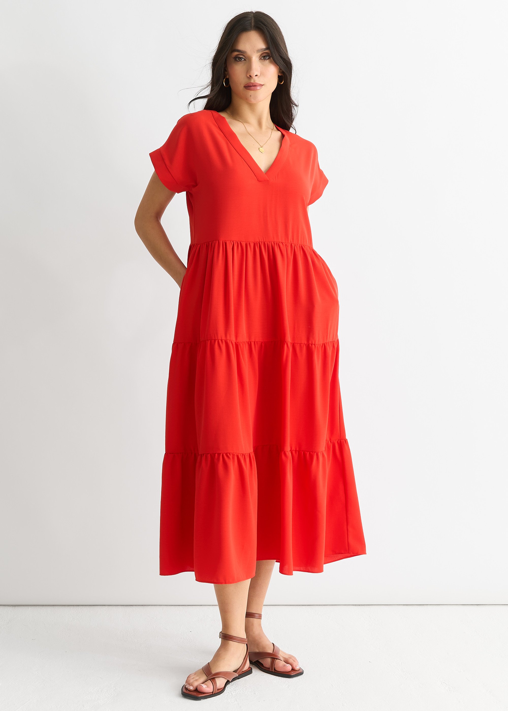 Rotes V-Ausschnitt-Taschen-Smock-Midikleid