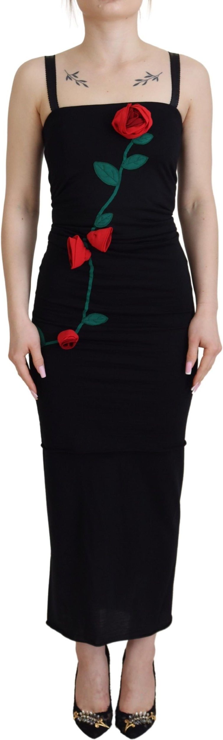 Dolce & Gabbana Schwarzes Schlichtkleid Bodycon mit Stretch und Rosen für Damen