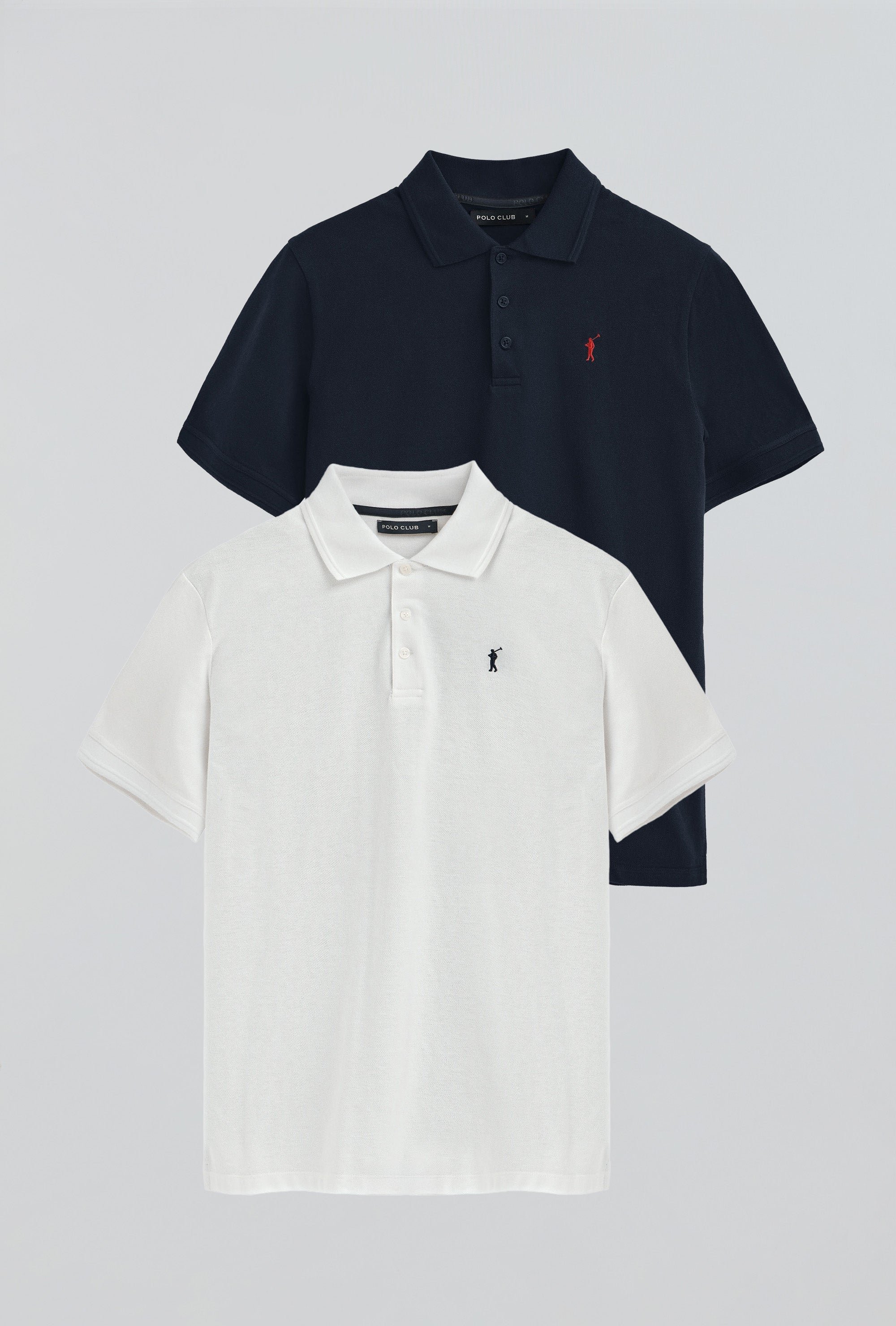 Zweierpack Herren-Poloshirts marineblau und weiß aus Pikee mit gesticktem Rigby Go-Logo