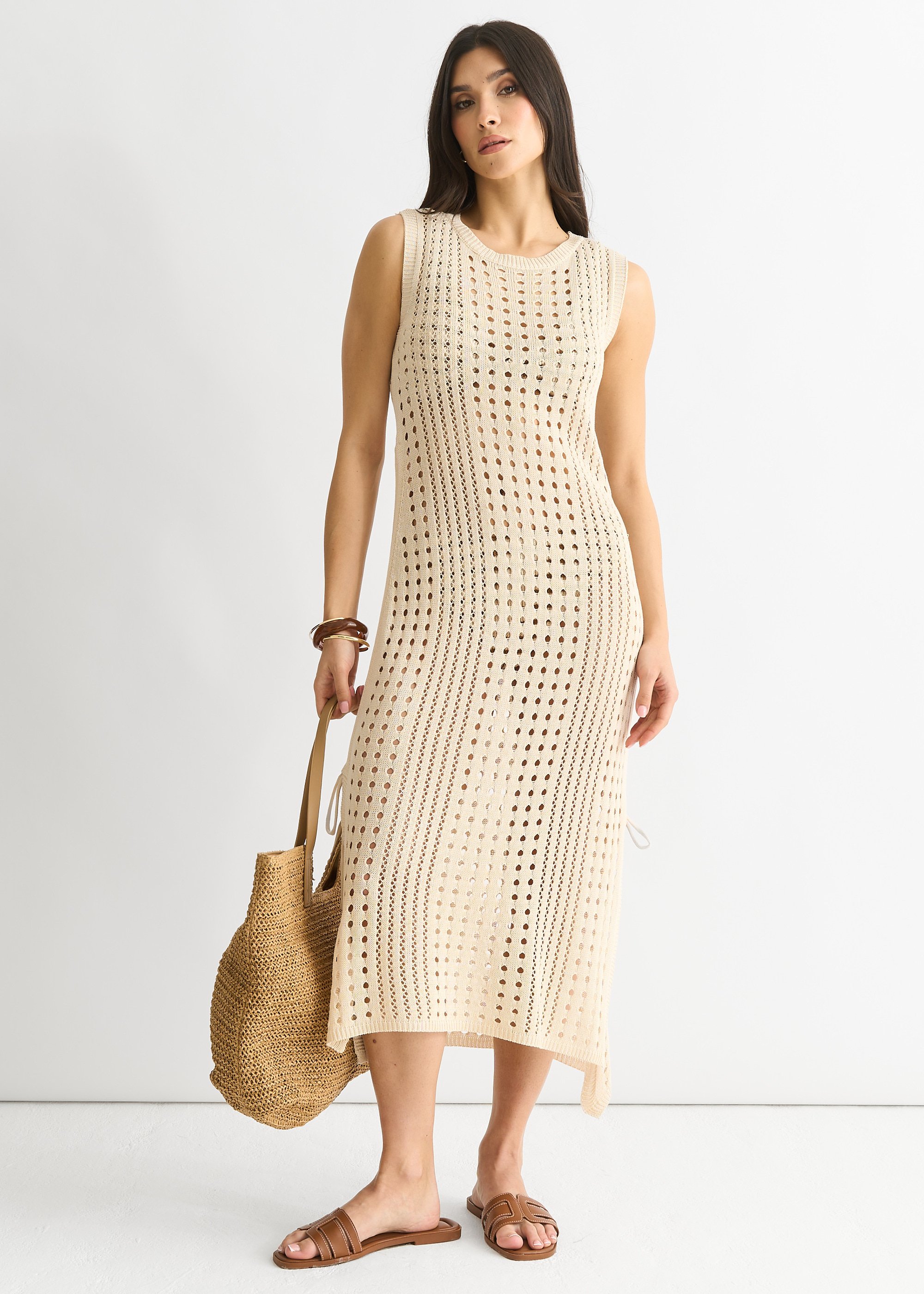 Beigefarbenes gehäkeltes Strick-Bodycon-Midi-Dress