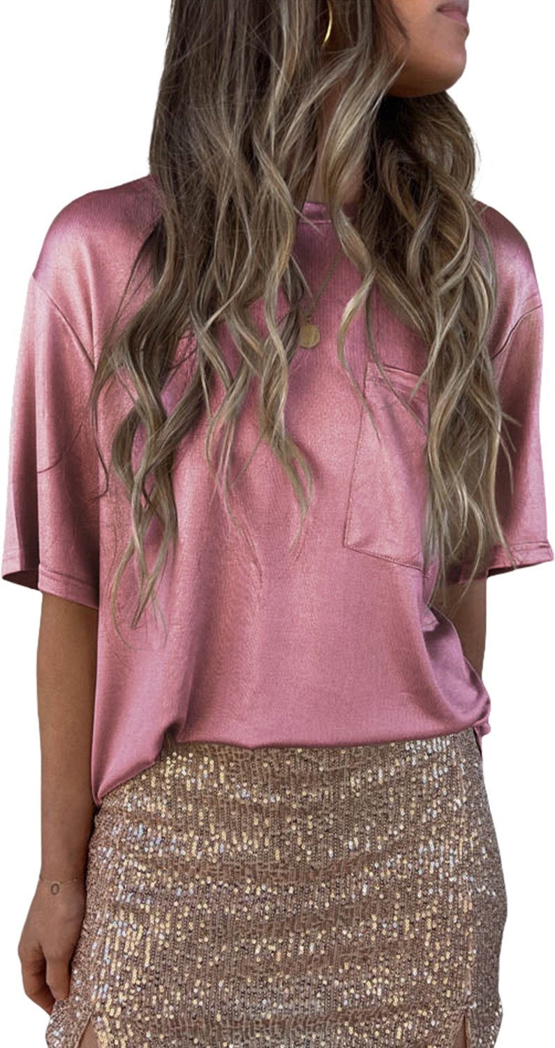 Rosa Brusttaschen-Los-Fit T-Shirt