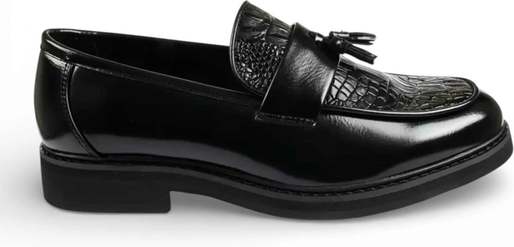 Schwarze Herren-Loafer aus Kunstleder mit Quasten und Profilsohle