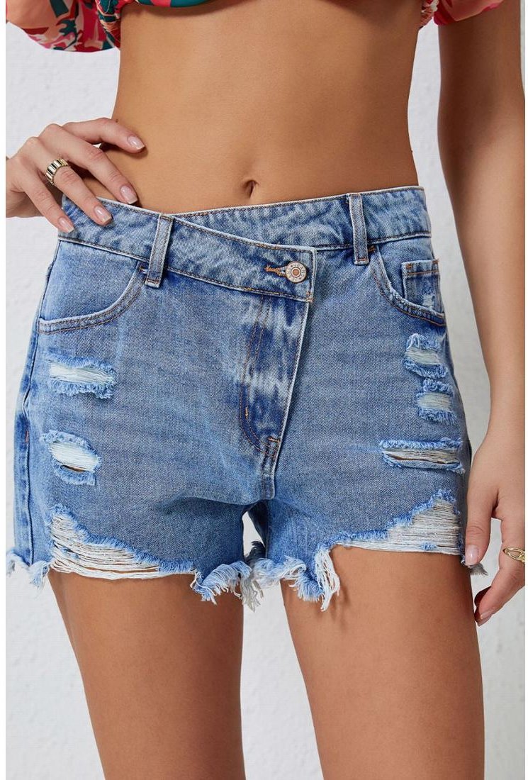 Thumbnail - Denim-Shorts mit hoher Hufte Crossover-Taille und Wet-Saum im Used-Look