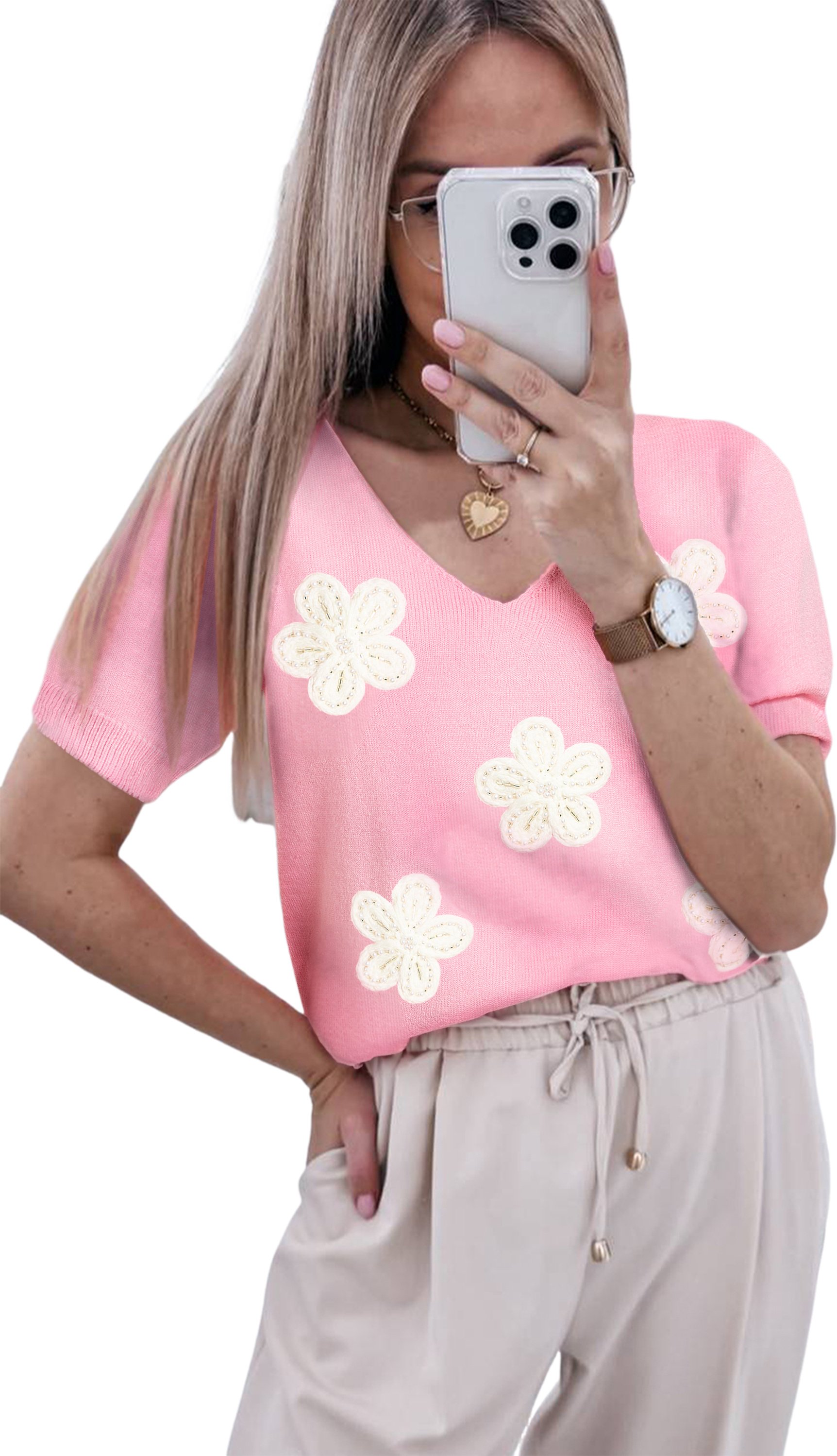 Blumiger Strickpullover mit Kurzarm und V-Ausschnitt