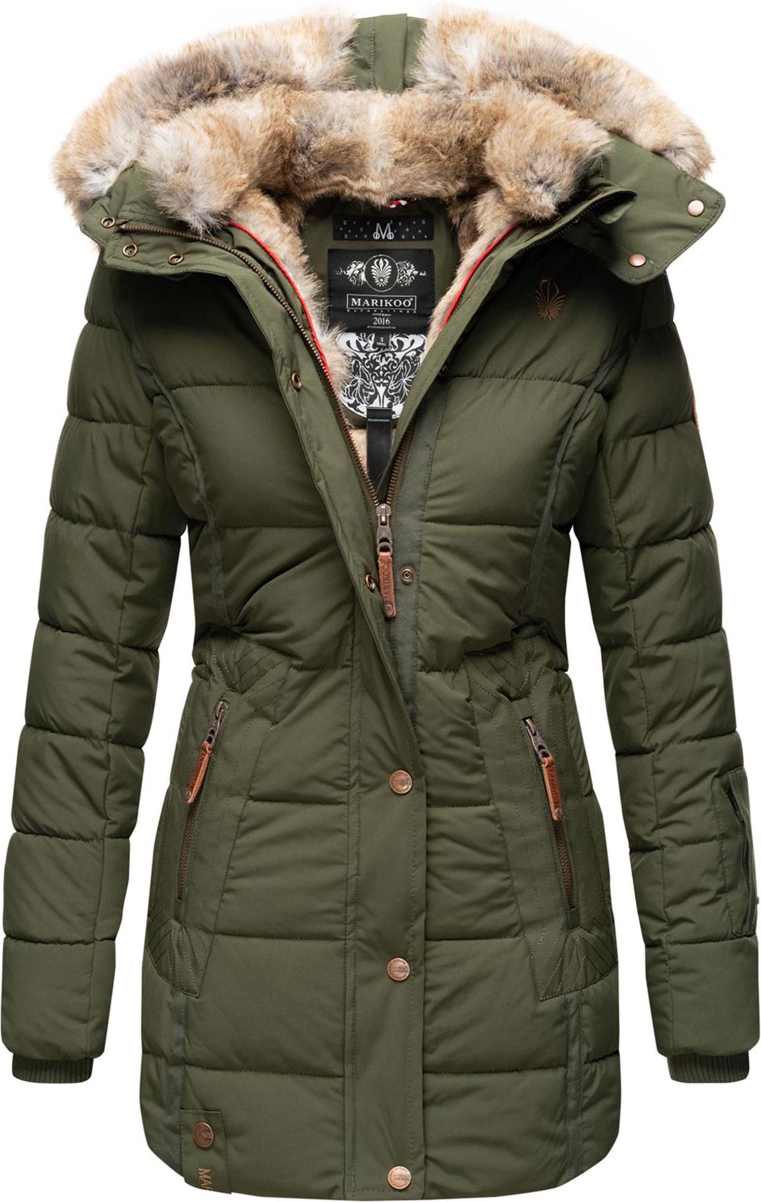 Marikoo Damen Winterjacke mit Kapuze & Kunstfell-Innenfutter