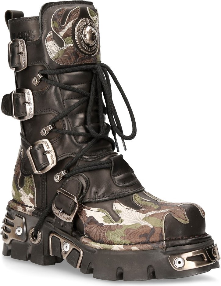 New Rock Flame Biker-Stiefel aus Leder mit Camouflage-Akzent – M-591-S15