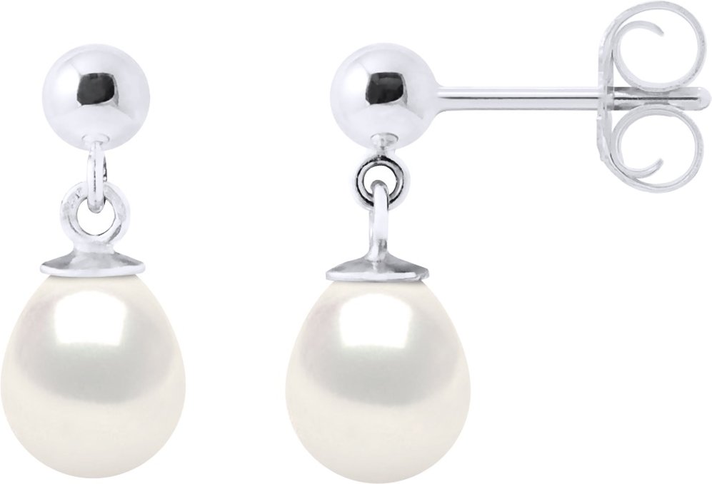 Ohrringe aus Weißgold und echten Süßwasser-Zuchtperlen, Birne 7–8 mm