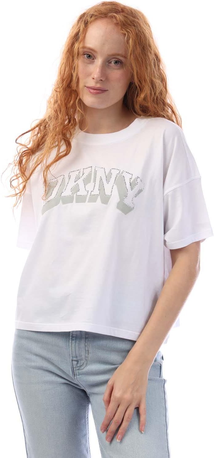 DKNY - "Flaked" T-Shirt für Damen, Logo (Weiß/Silber)