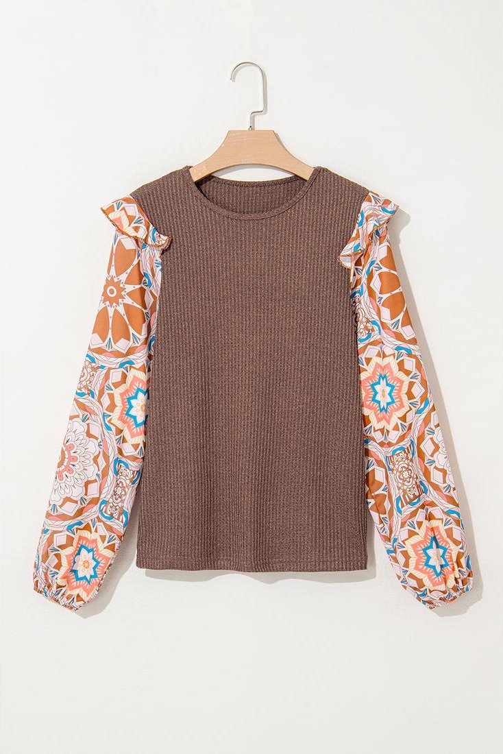 Thumbnail - Azura Exchange Kaffee Rüschensaum Blumenmuster Patchwork Waffelstrick Rundhalsbluse