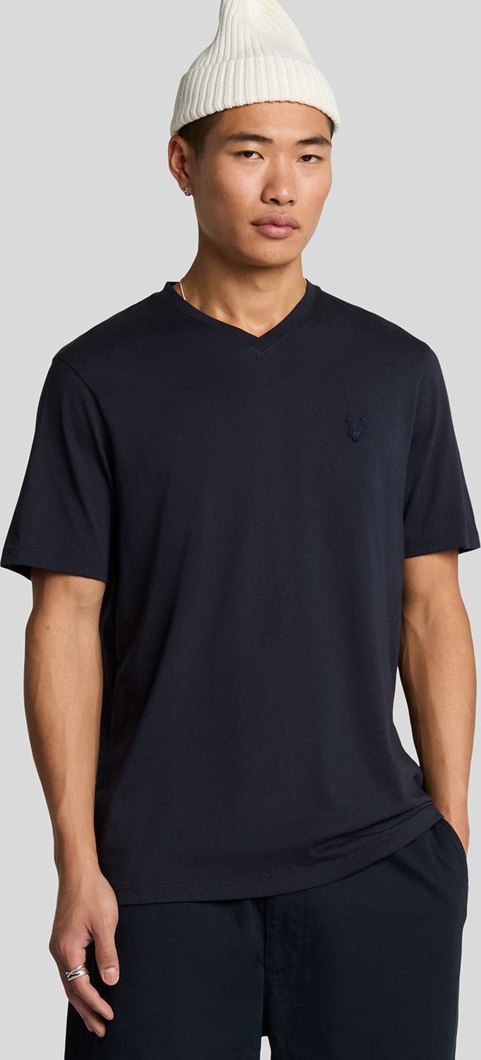 Lyle & Scott T-Shirt aus superfeiner Baumwolle mit V-Ausschnitt – Marineblau