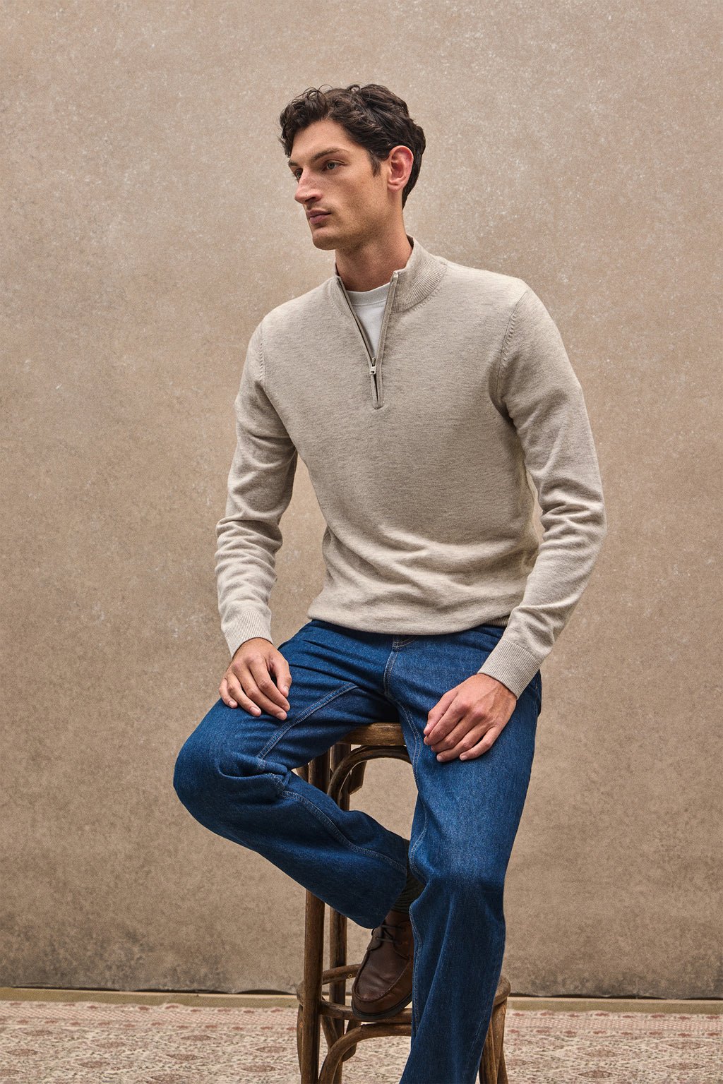 Pullover beige meliert aus Merinowolle mit halbem Reißverschluss