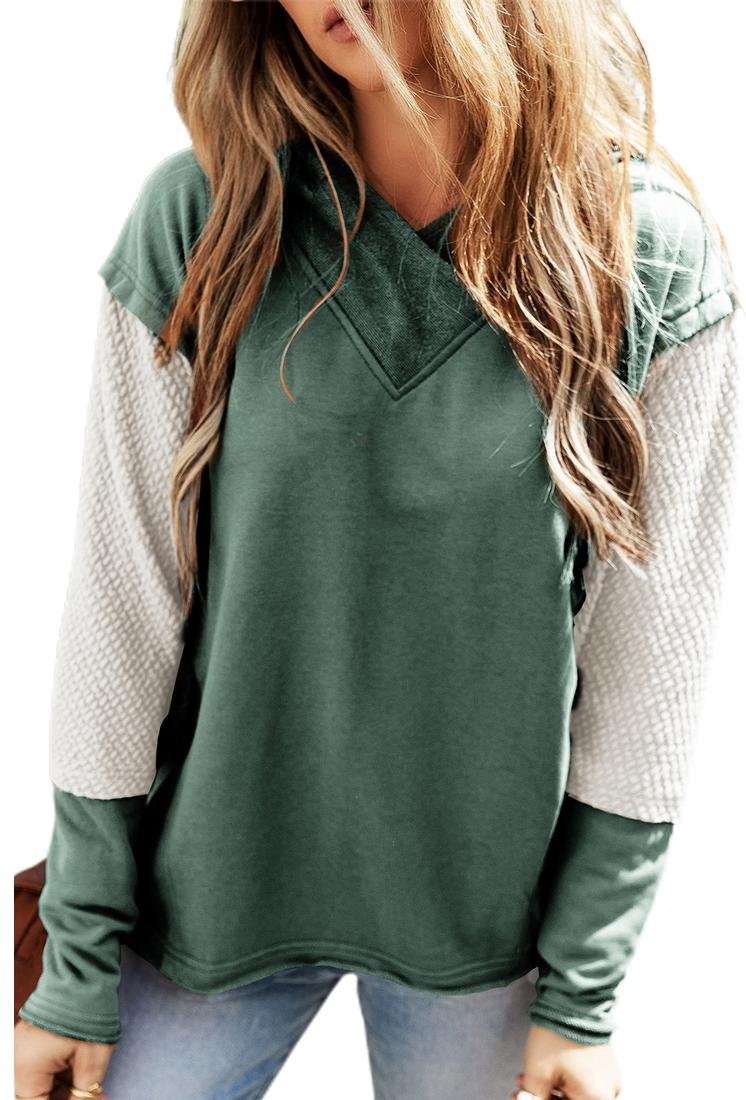 Thumbnail - Azura Austausch Hoodie mit Mistgrünen Kontrastärmeln und Patchwork-Farbblockdesign