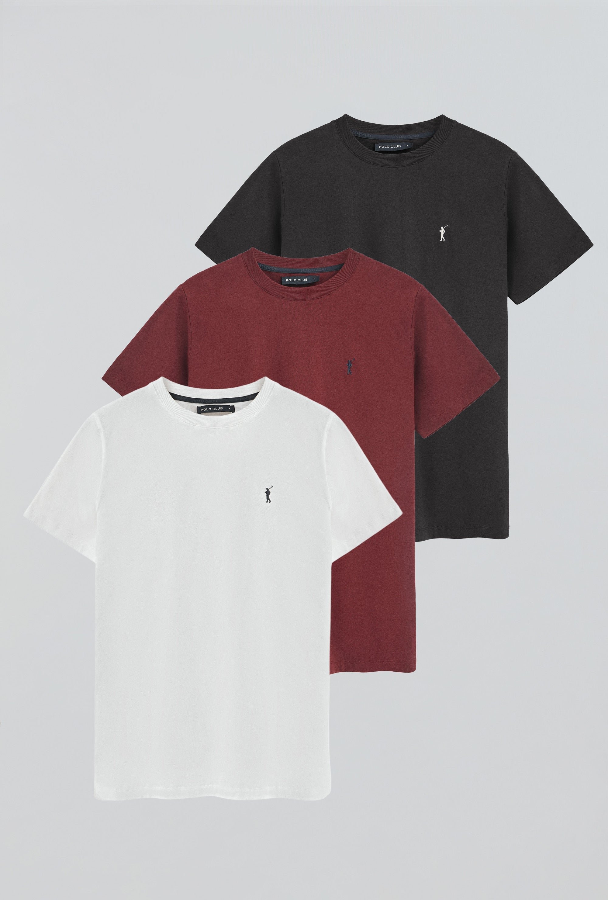 Dreierpack Herren-T-Shirts weiß, granatrot und schwarz mit Rundhalsausschnitt und gesticktem Rigby Go-Logo