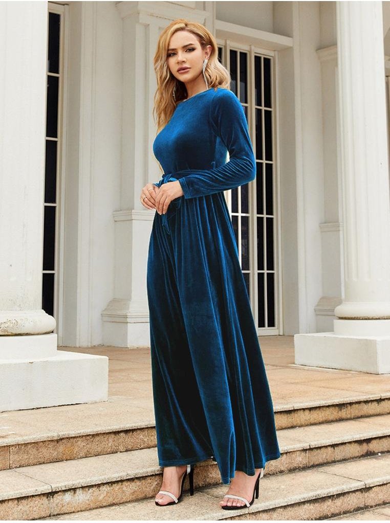 Thumbnail - Damen Maxi-Kleid mit Rundhalsausschnitt und langen Ärmeln, vorn gebunden