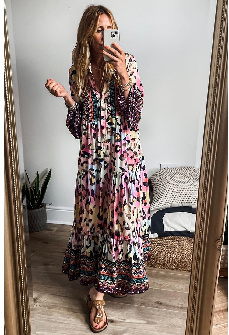 Thumbnail - Azura Exchange Pink Western Leopard Bedrucktes 3/4-Ärmel Knopfleiste Gestuftes Maxikleid