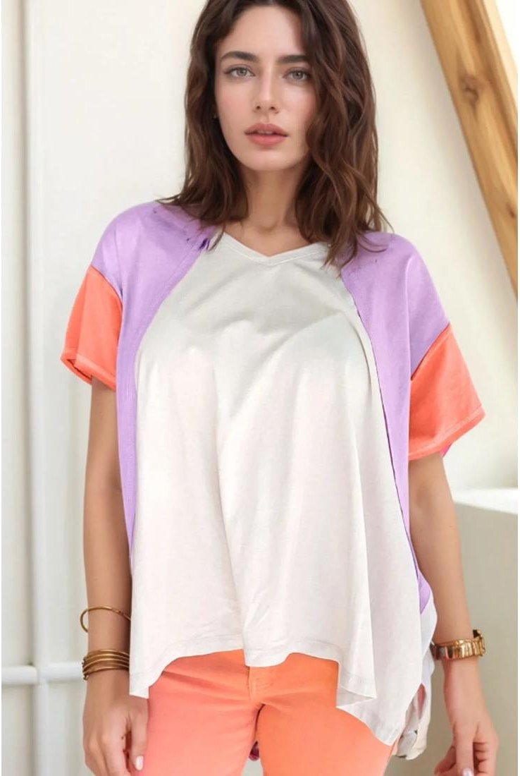 Thumbnail - Damen Farbblock Patchwork V-Ausschnitt Sichtbare Nähte High Low T-Shirt