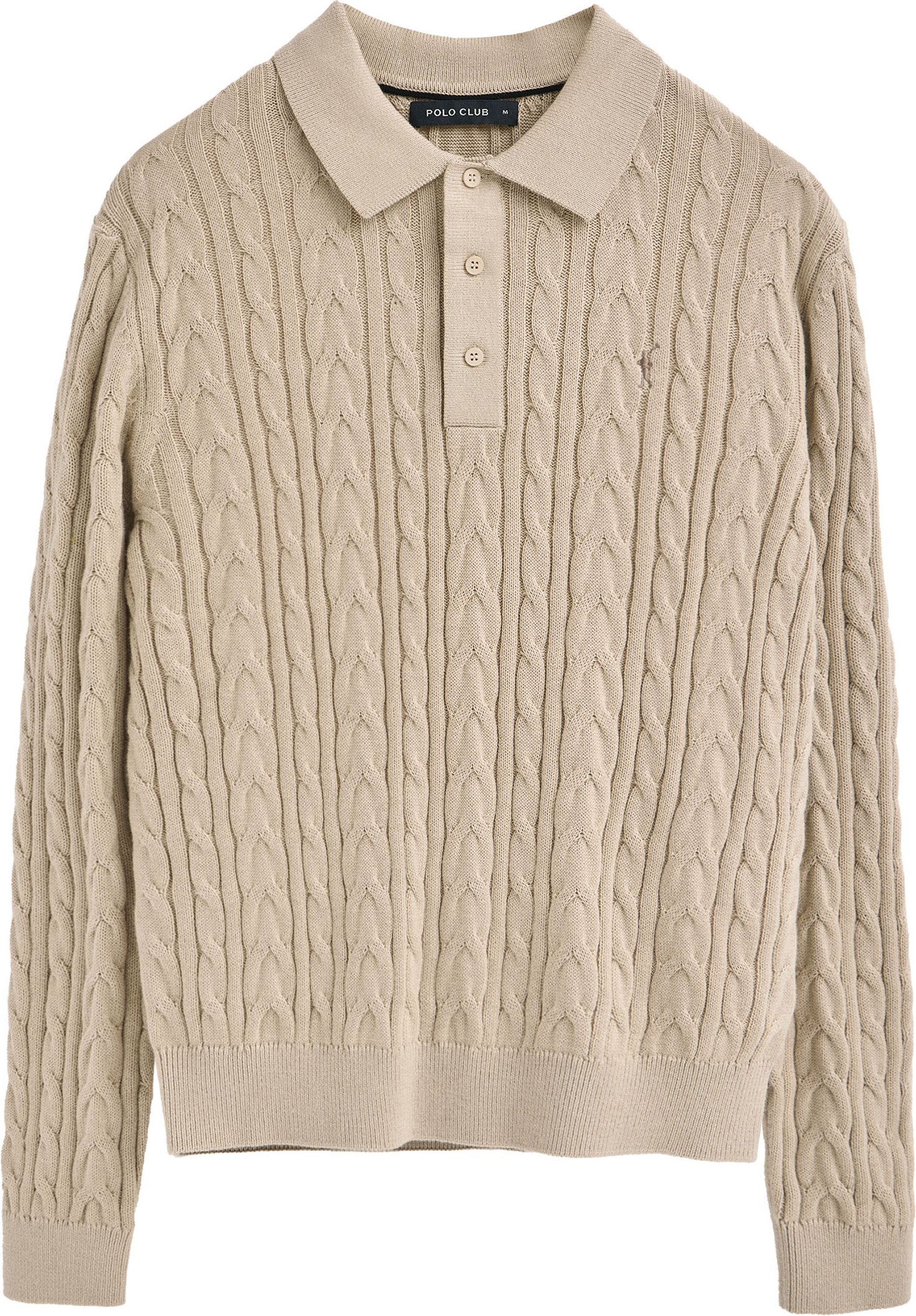 Strickpullover beige mit Zopfmuster aus Wollgemisch mit Polokragen und gesticktem Rigby Go-Logo